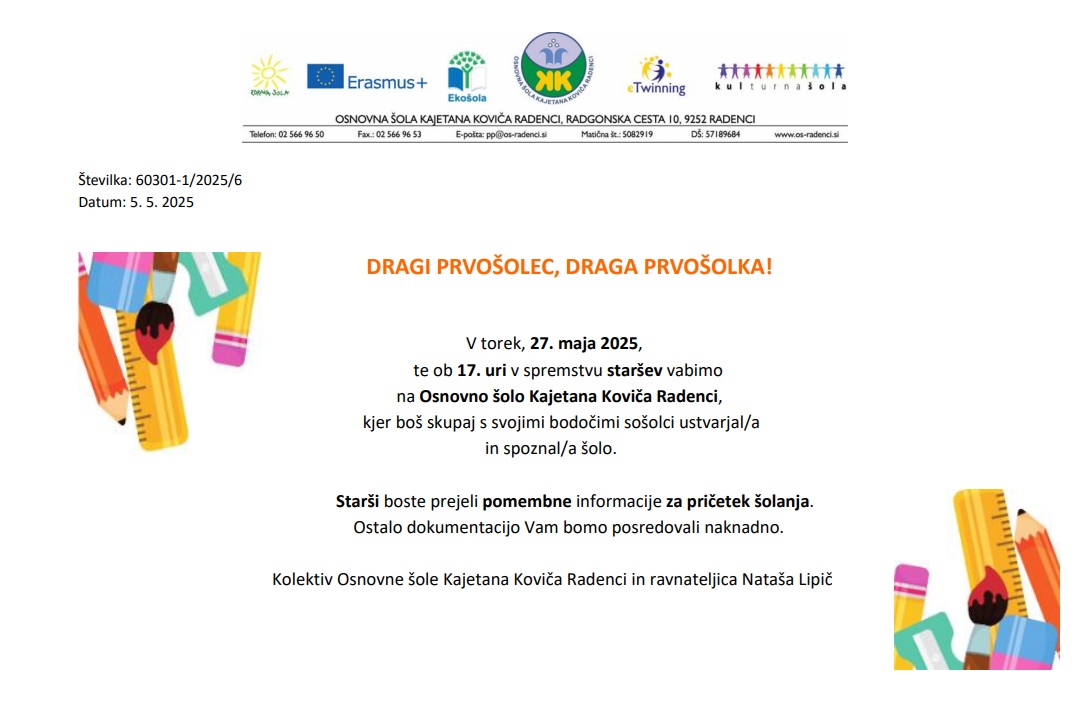 Vabilo na 1. srečanje s šolskimi novinci